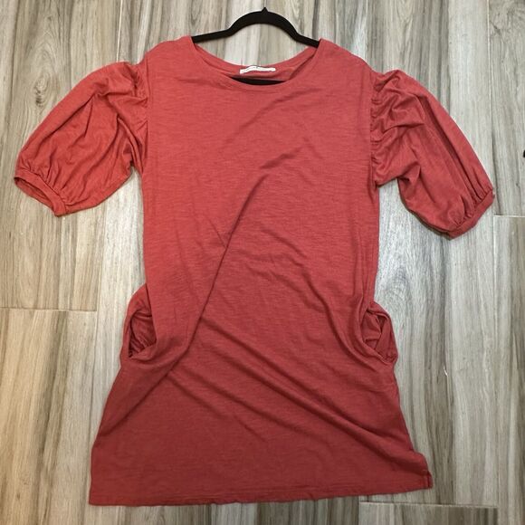 Peruvian Connection Red Orange Small Balloon Sleeve Mini‎ Dress Pockets Casual - Picture 3 of 8